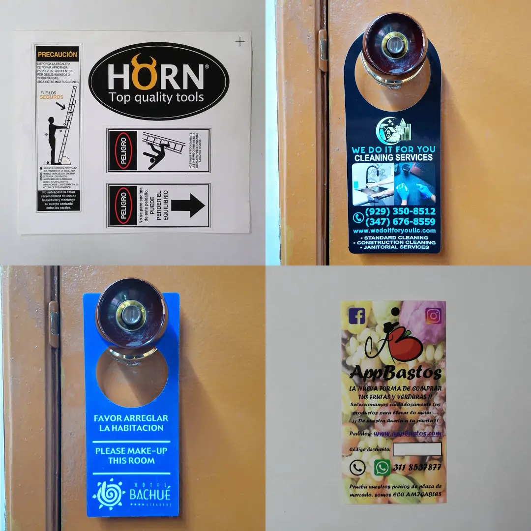 Etiquetas adhesivas y cuelga puertas