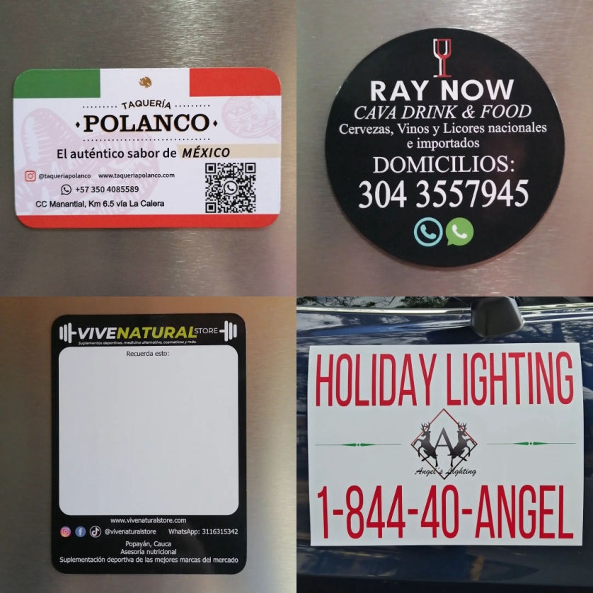 Imanes publicitarios para nevera y automóvil.