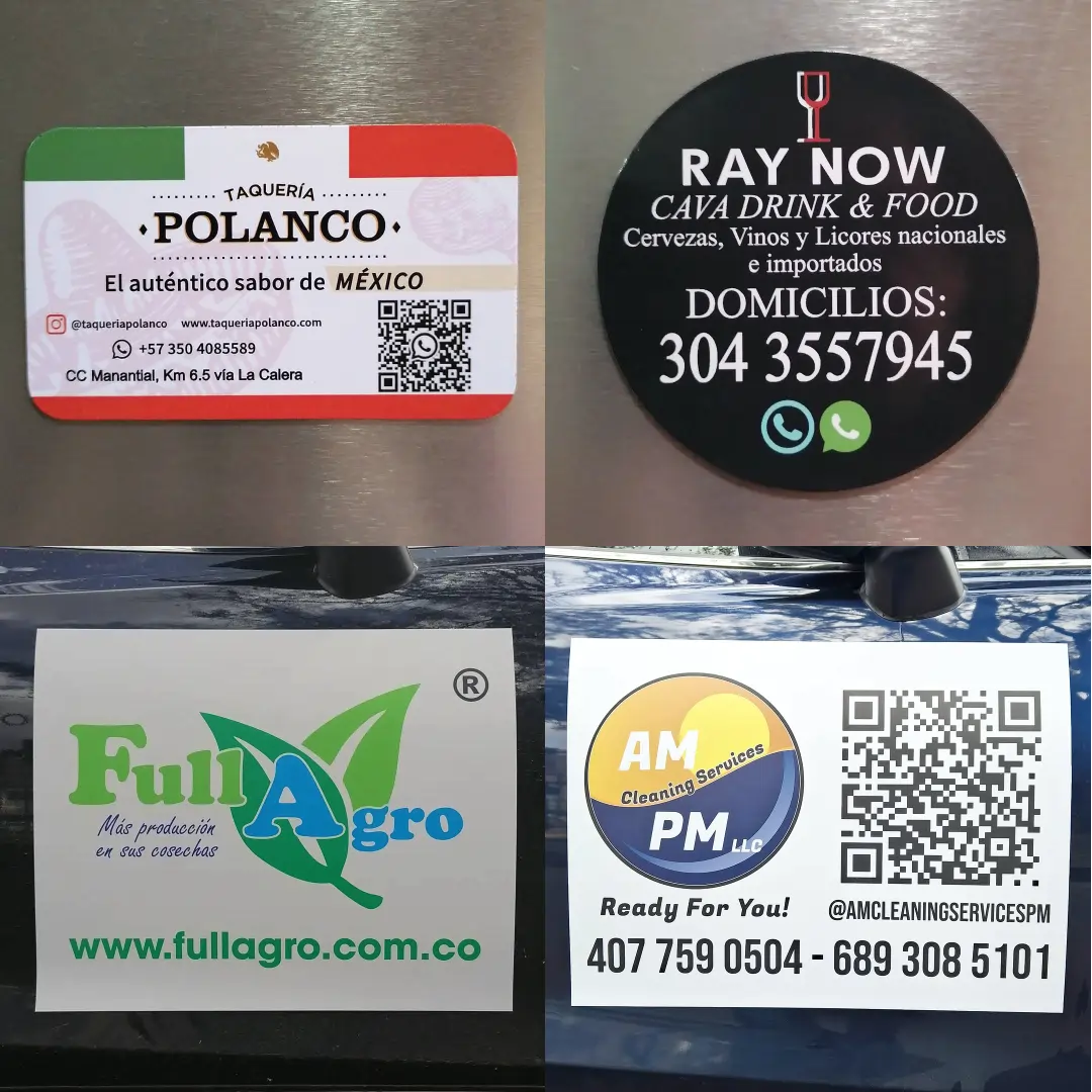 Imanes publicitarios para nevera y automóvil.